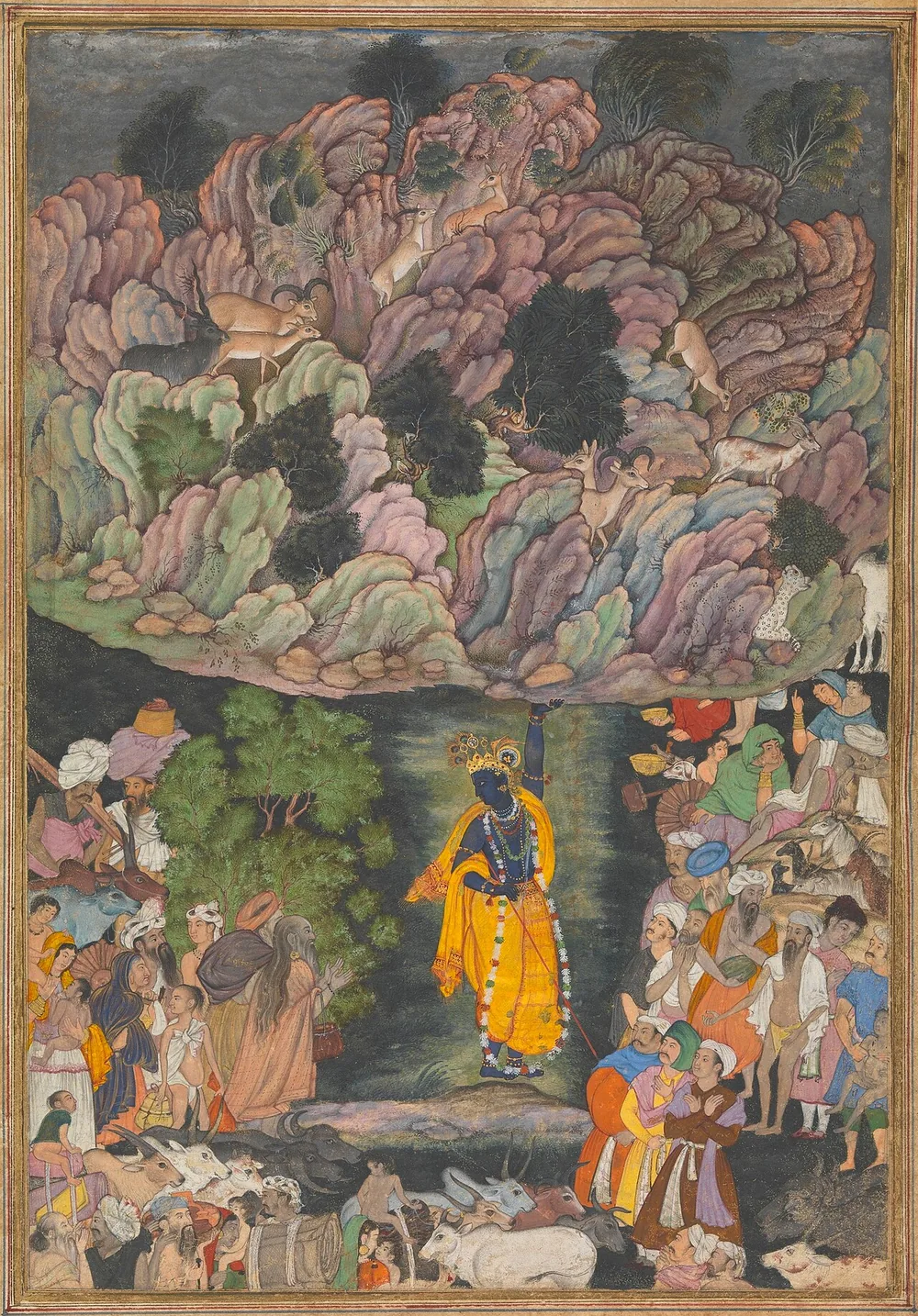 Krishna holds up Mount Govardhan to shelter the people of Braj, a Mughal miniature