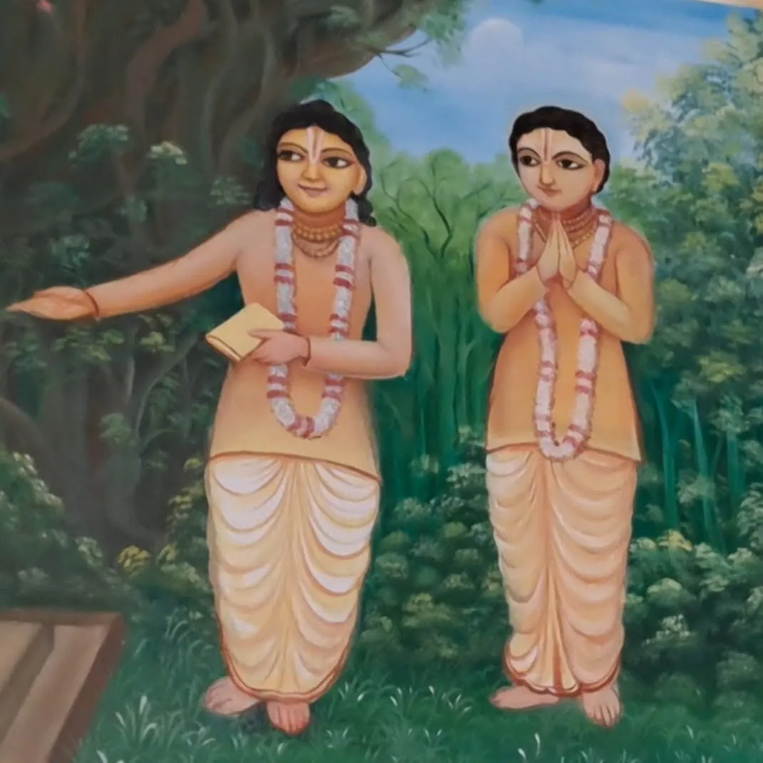 Mural: Narayan Bhatt Ji in a forest with a book, pointing to a place, a second figure beside him with hands folded