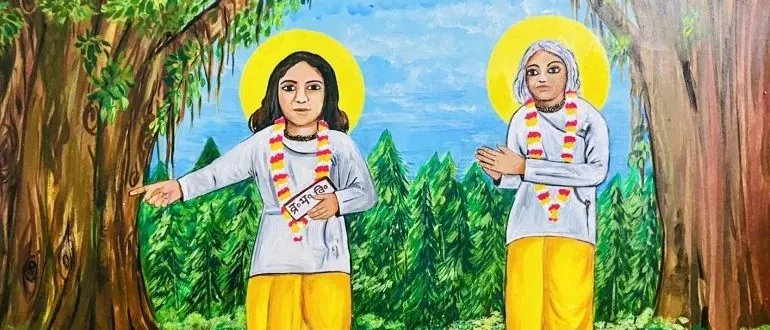 Mural: Narayan Bhatt Ji holding Vraja Bhakti Vilasa and pointing to a place, with an elderly saint beside him, hands folded