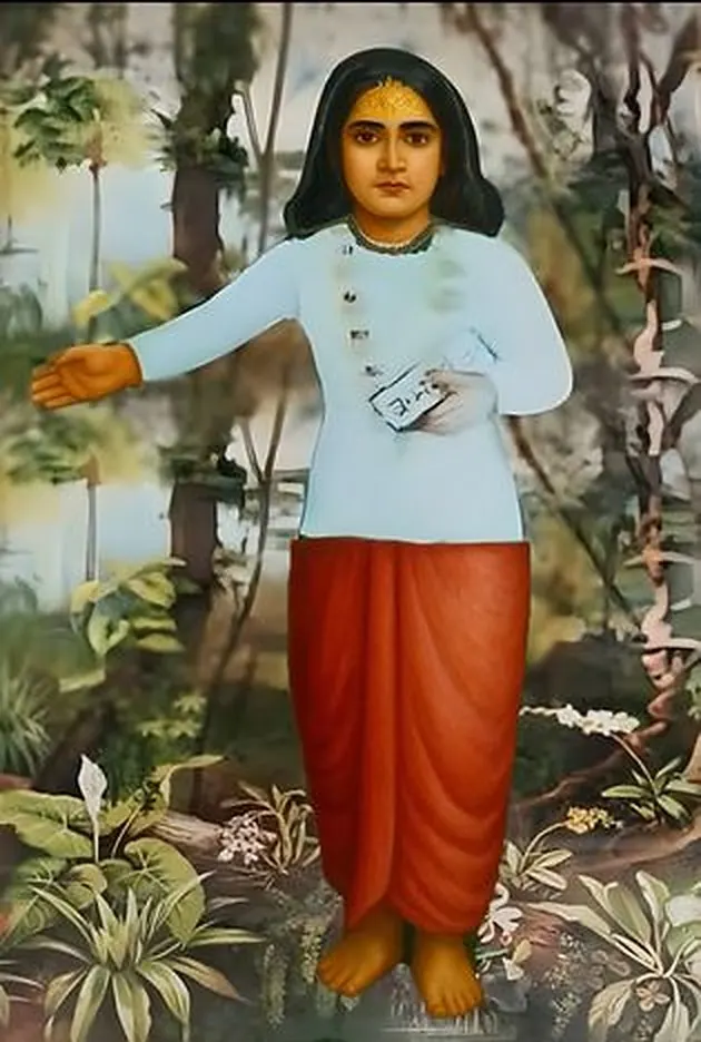 Traditional portrait of Shril Goswami Narayan Bhatt Ji Maharaj standing in a forest, a book in one hand, pointing with the other